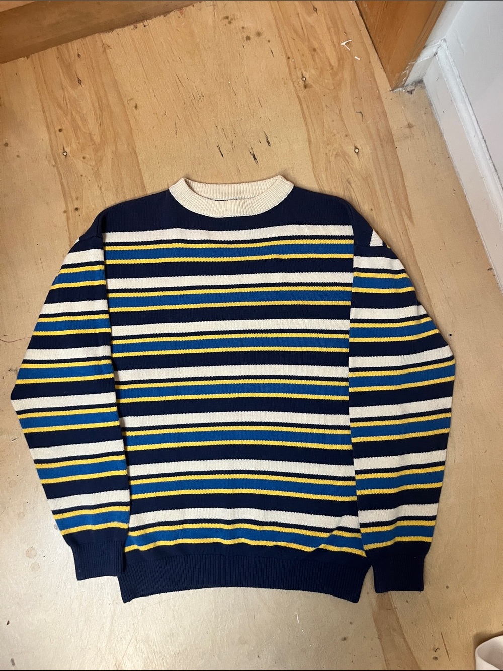 Adel Error Men's Striped Crewneck Sweater in Navy, Cream & Yellow